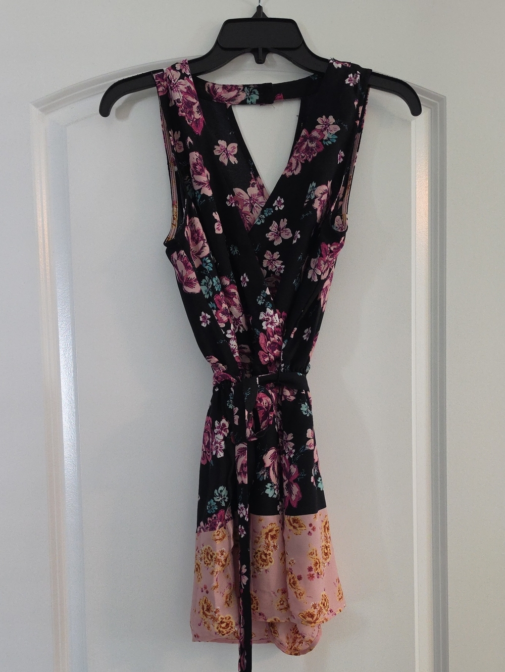 BeBop Black Floral Wrap Romper with Pink Hem